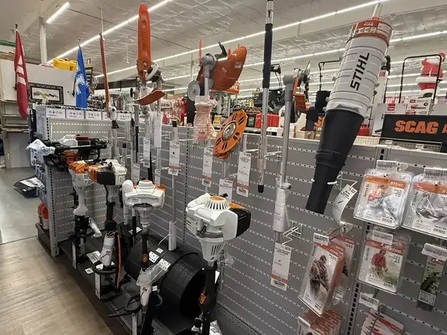 STIHL trimmers and blowers with a SCAG sign at the Charlestown store